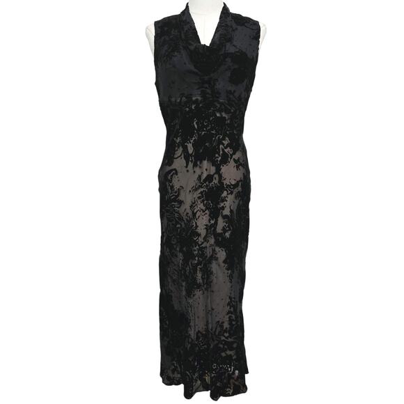 ECI NY Vtg Y2K Whimsigoth Black Cowl Neck Silk Blend Velvet Burnout Midi Dress 4 - Picture 1 of 12